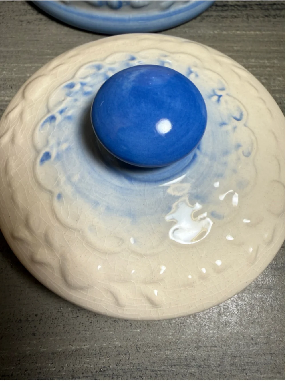 Vintage Blue & White Stoneware Hanging Salt Box Crock with Lid